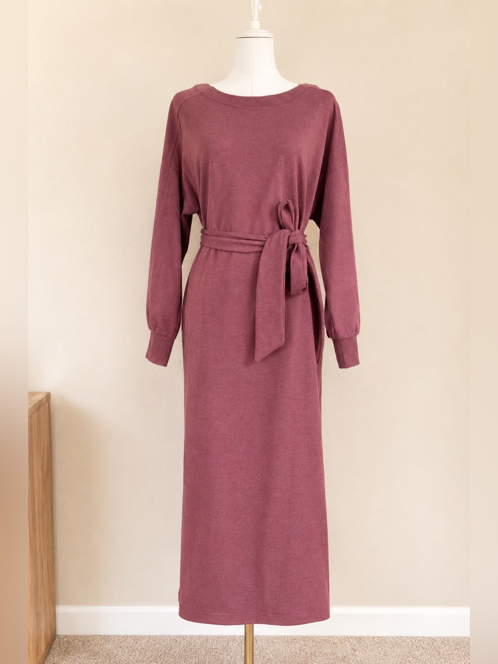 Prologue Mauve Tie Waist Knit Midi Dress Small Long Sleeve Side Slit Minimalist